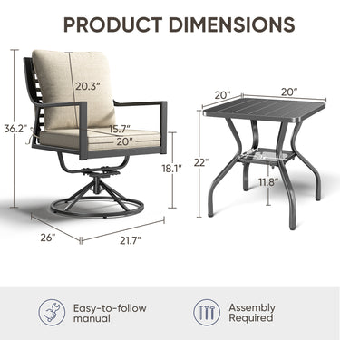 Luxury 3-Pc Patio Furniture Set - 2 360° Swivel Chairs + Wrought Iron Side Table - Belord