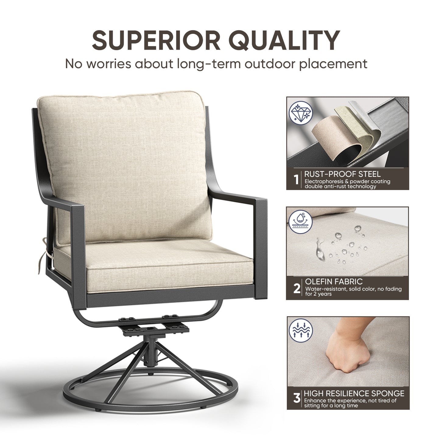 Luxury 3-Pc Patio Furniture Set - 2 360° Swivel Chairs + Wrought Iron Side Table