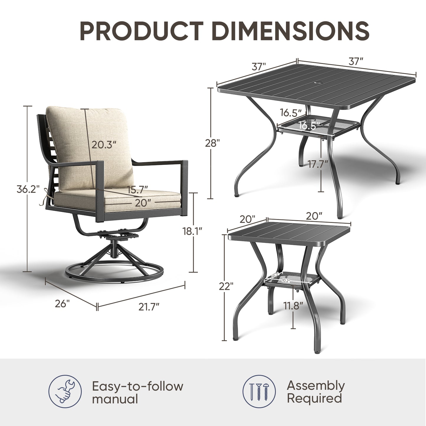 Luxury 6-Piece Patio Dining Set – Includes 4 Swivel Chairs, Square Metal Dining Table & Black Iron Side Table