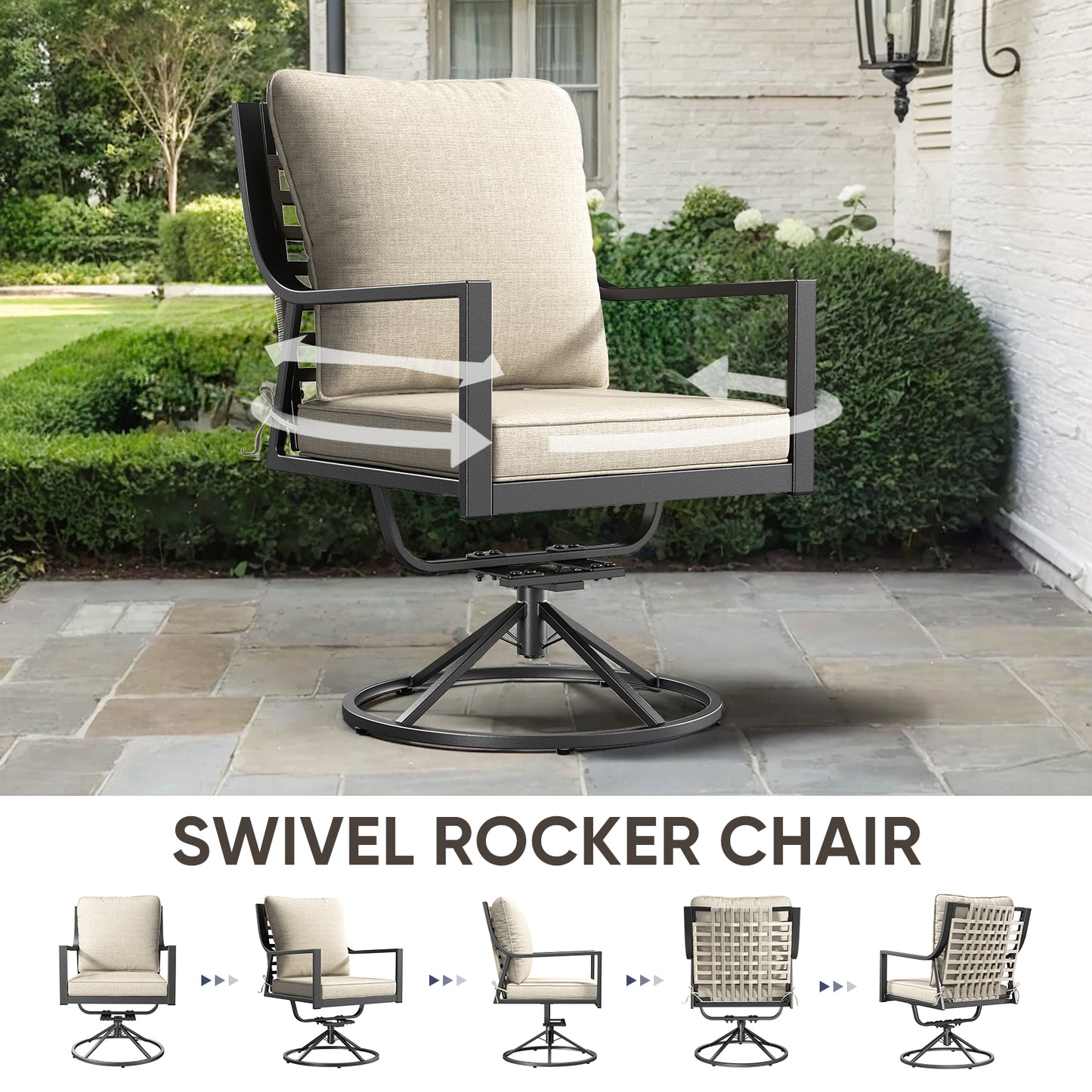 Luxury 3-Pc Patio Furniture Set - 2 360° Swivel Chairs + Wrought Iron Side Table
