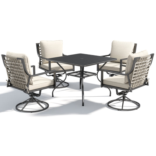 Grand Patio Set 5-Piece with 1 Black Square Iron Table and 4 Swivel Dining Chairs
