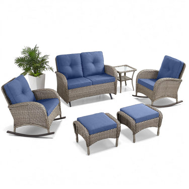 Patio Conversation Set 6-Piece with Glider Loveseat, Rocking Chairs, Side Table, and Ottoman, NDS Series - Belord
