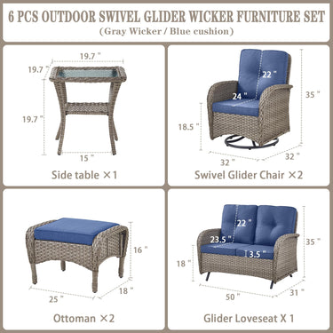 Patio Conversation Set 6-Piece with Glider Loveseat, Swivel Glider Chairs, Side Table, and Ottoman, NDS Series - Belord