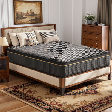 Gray 12-inch hybrid mattress by Belord with medium firm support, memory foam, and coil springs in twin, full, queen, and king sizes.