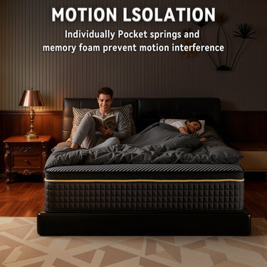 Gray Belord 12-inch hybrid mattress with medium firm support, memory foam, and springs, available in twin, full, queen, and king sizes.
