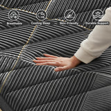 Gray 12-inch Belord hybrid mattress with memory foam and springs, available in Twin, Full, Queen, and King sizes, medium firm support.