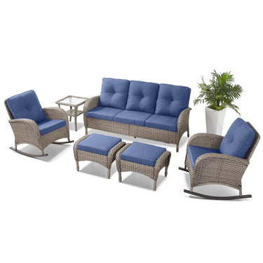 Patio Conversation Set 6-Piece with Sofa, Rocking Chairs, Side Table, and Ottoman, NDS Series - Belord