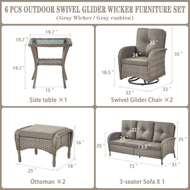 Patio Conversation Set 6-Piece with Sofa, Swivel Glider Chairs, Side Table, and Ottoman, NDS Series - Belord