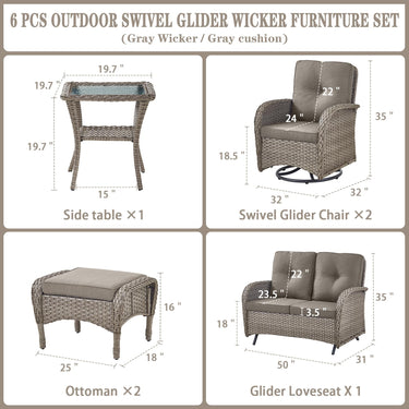 Patio Conversation Set 6-Piece with Glider Loveseat, Swivel Glider Chairs, Side Table, and Ottoman, NDS Series - Belord