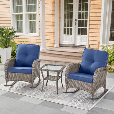 Gray wicker rocking chair set with cushions and side table from Belord's NDS series, perfect for outdoor relaxation.