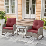 Gray wicker rocking chairs set with red cushions and side table from Belord NDS Series, perfect for outdoor relaxation.