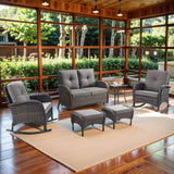 Patio Conversation Set 6-Piece with Glider Loveseat, Rocking Chairs, Side Table, and Ottoman, NDS Series - Belord