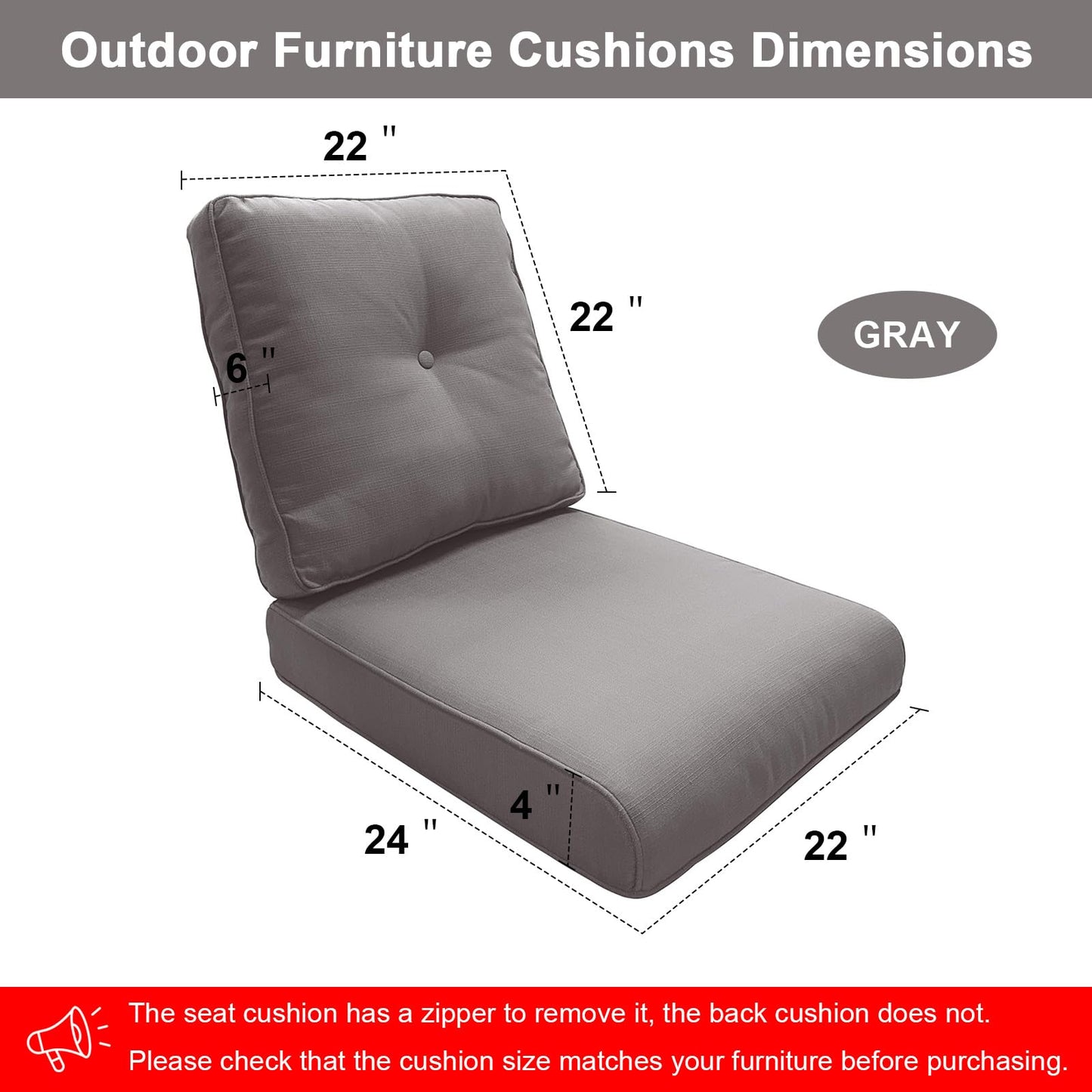 Luxury 8-Pc Patio Cushion - 4 Seat + 4 Back Cushions with Removable Sunbrella Covers, 22x24x4 Inch
