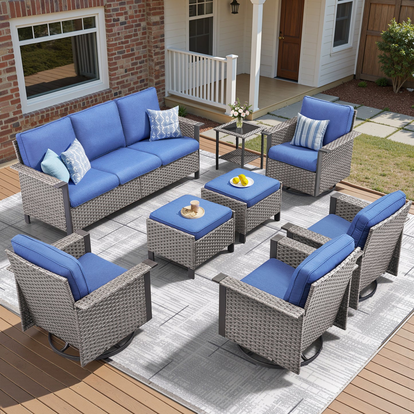 8-Piece Wicker Patio Set: All-Weather 3-Seater Sofa with 4 Swivel Rocker Chairs & 2 Ottomans & Rattan Side Table, WNG Series