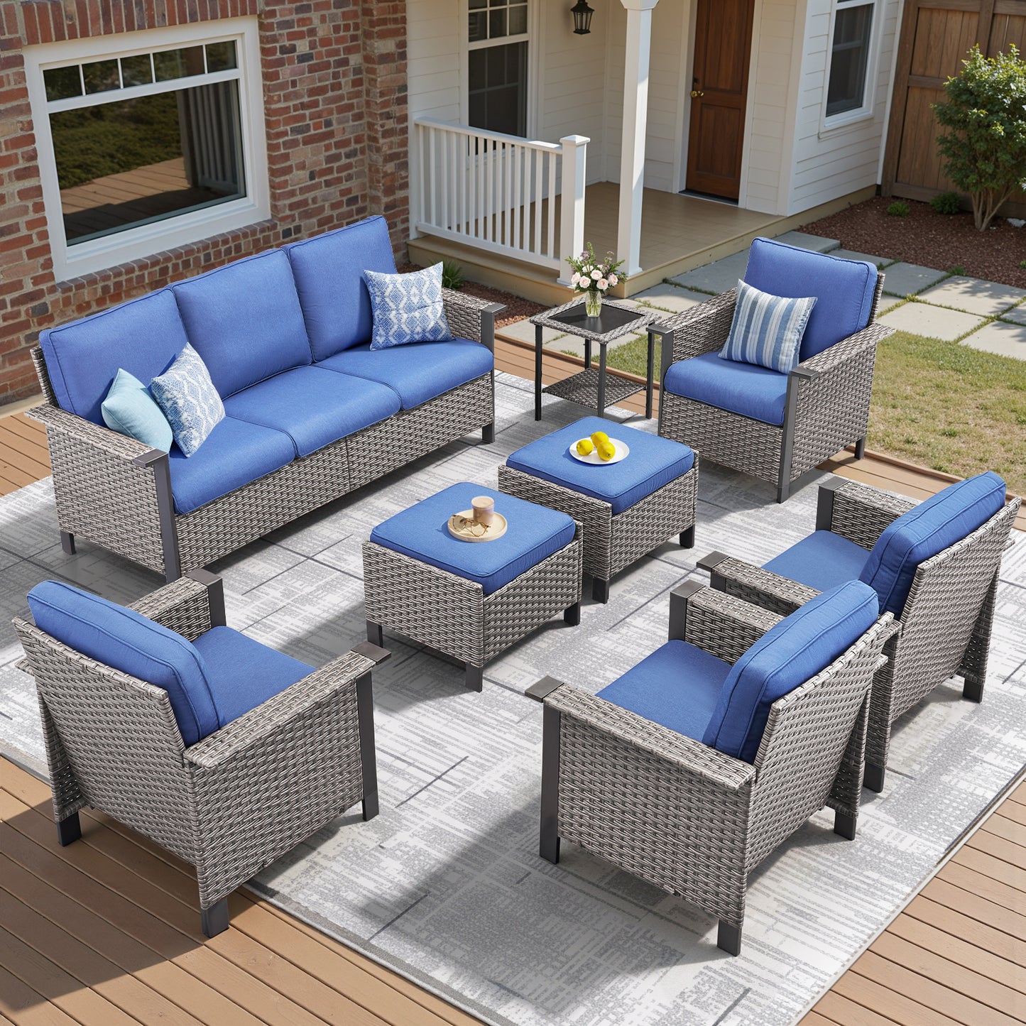 Outdoor Patio Furniture Set (8-Piece): All-Weather Wicker Sofa & 4 Patio Chairs & 2 Ottomans & Side Table, WNG Series