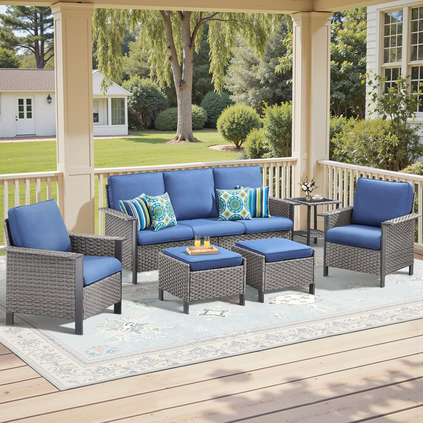 Patio Conversation Patio Set (6-Piece) — All-Weather Rattan Furniture with 3-Seater Sofa & Patio Chairs, WNG Series