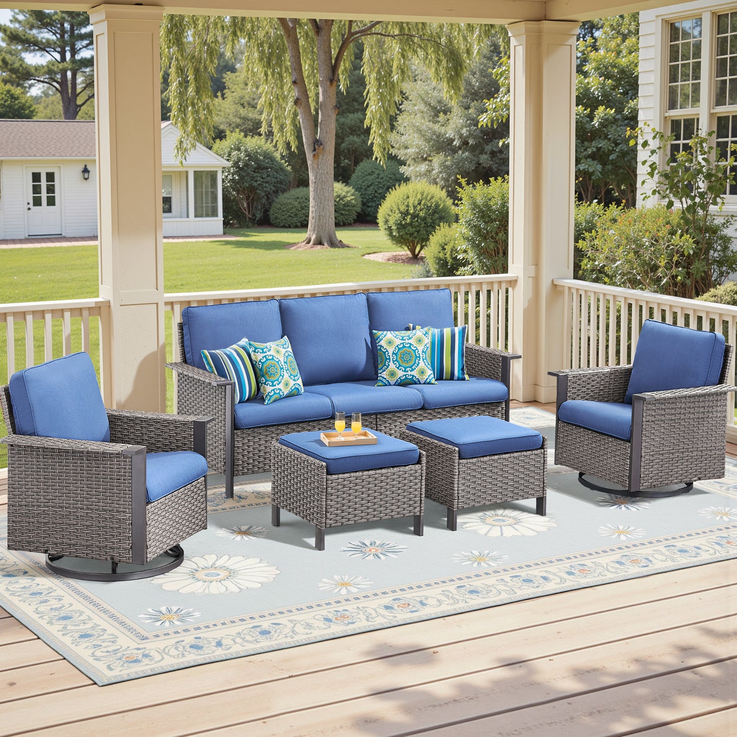 Outdoor Furniture Set for Patio & Poolside — 1 PE Wicker Sofa, 2 Swivel Glider Chairs & 2 Ottomans with Cushions, WNG Series