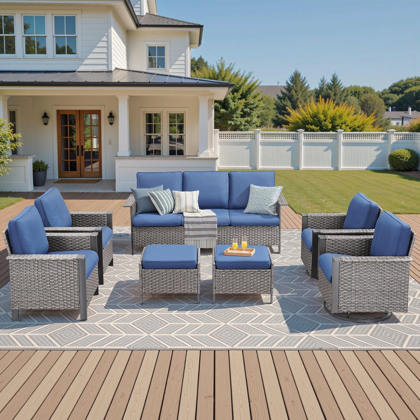 7-Piece All-Weather Wicker Patio Furniture Set: 1 Sofa, 2 Swivel Chairs, 2 Patio Chairs, 2 Ottomans, WNG Series