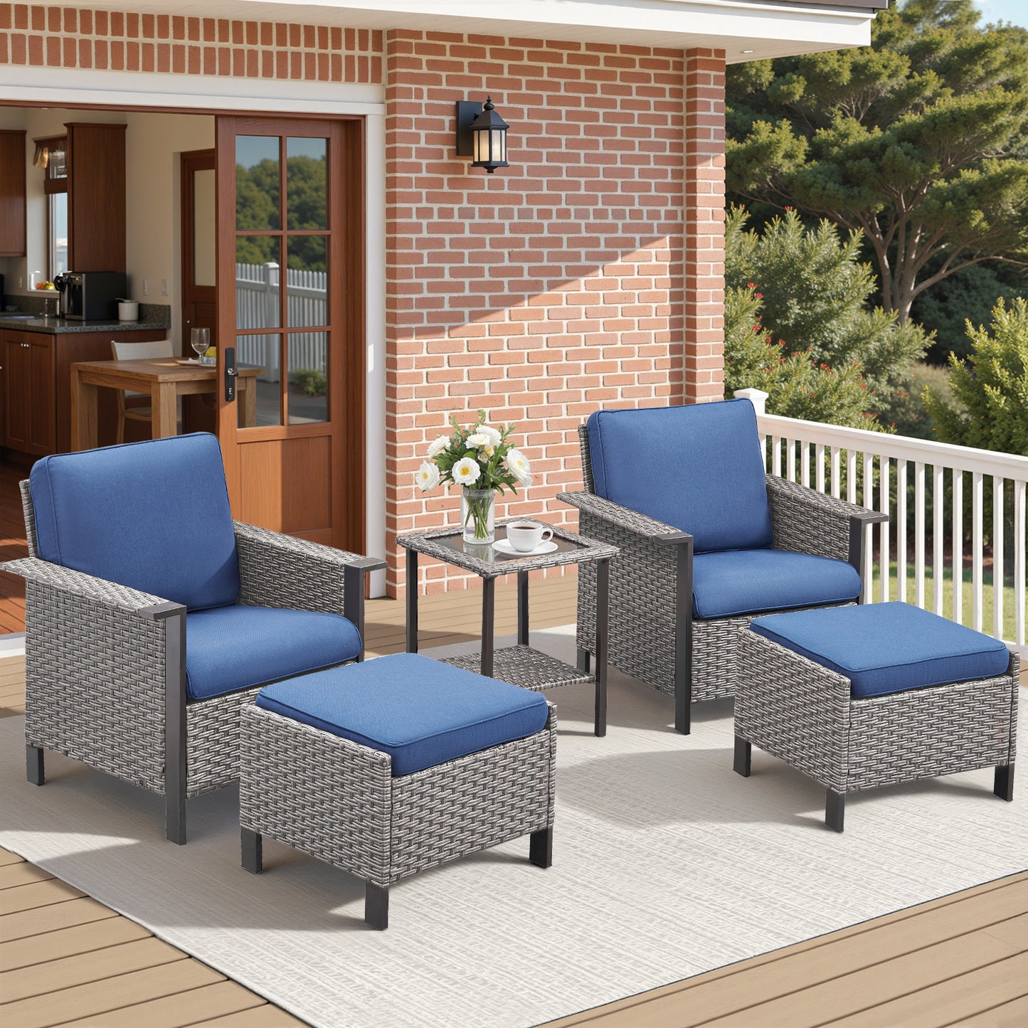 5-Piece Patio Set: 2 High-Back Wicker Patio Chairs, 2 Ottomans & 1 Glass Side Table, WNG Series