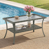 Belord outdoor wicker coffee table with glass top and storage shelf, ideal for patio conversation sets in the NTC series.
