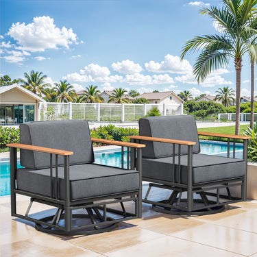 Pair of Belord patio swivel rocker chairs with 6-inch cushions, each supporting up to 350 pounds, part of the BINGLI series.