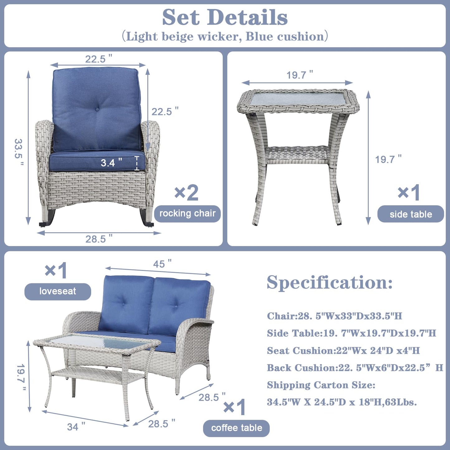 Patio Conversation Set 5-Piece with Loveseat, Rocking Chairs, Coffee Table, and Side Table, NDS Series