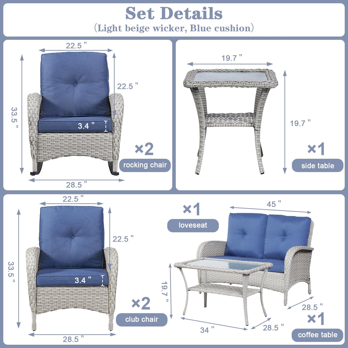 Patio Conversation Set 7-Piece with Loveseat, Rocking Chairs, Patio Chairs, Coffee Table, and Side Table, NDS Series