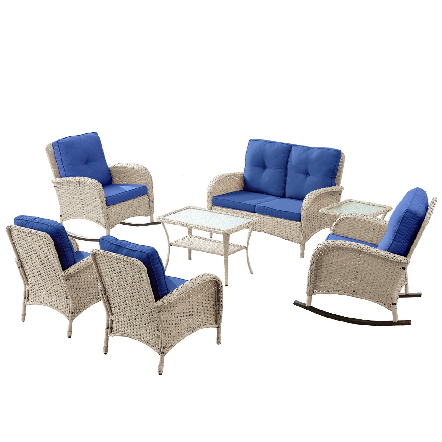 Patio Conversation Set 7-Piece with Loveseat, Rocking Chairs, Patio Chairs, Coffee Table, and Side Table, NDS Series