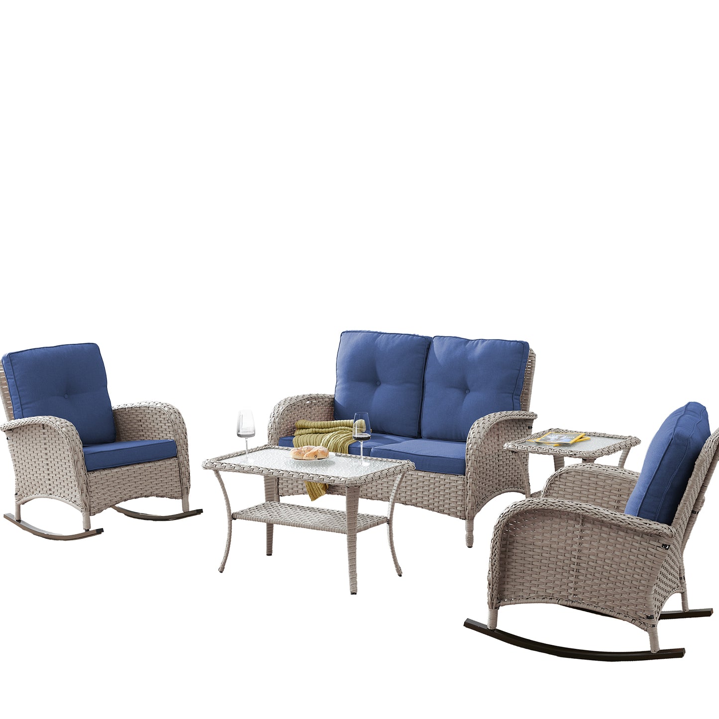 Patio Conversation Set 5-Piece with Loveseat, Rocking Chairs, Coffee Table, and Side Table, NDS Series