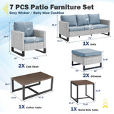 Patio Conversation Set 7-Piece with Sofa, Patio Chairs, Coffee Table, Side Table, and Ottoman, GRS Series - Belord