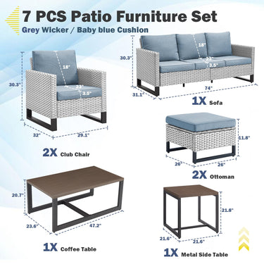 Patio Conversation Set 7-Piece with Sofa, Patio Chairs, Coffee Table, Side Table, and Ottoman, GRS Series - Belord