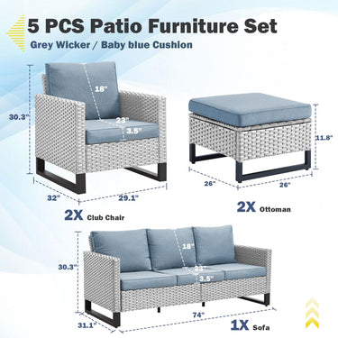 Patio Conversation Set 5-Piece with Sofa, Patio Chairs, and Ottoman, GRS Series - Belord