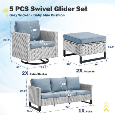 Patio Conversation Set 5-Piece with Sofa, Swivel Glider Chairs, and Ottoman, GRS Series - Belord