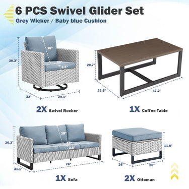 Patio Conversation Set 6-Piece with Sofa, Swivel Glider Chairs, Coffee Table, and Ottoman, GRS Series - Belord