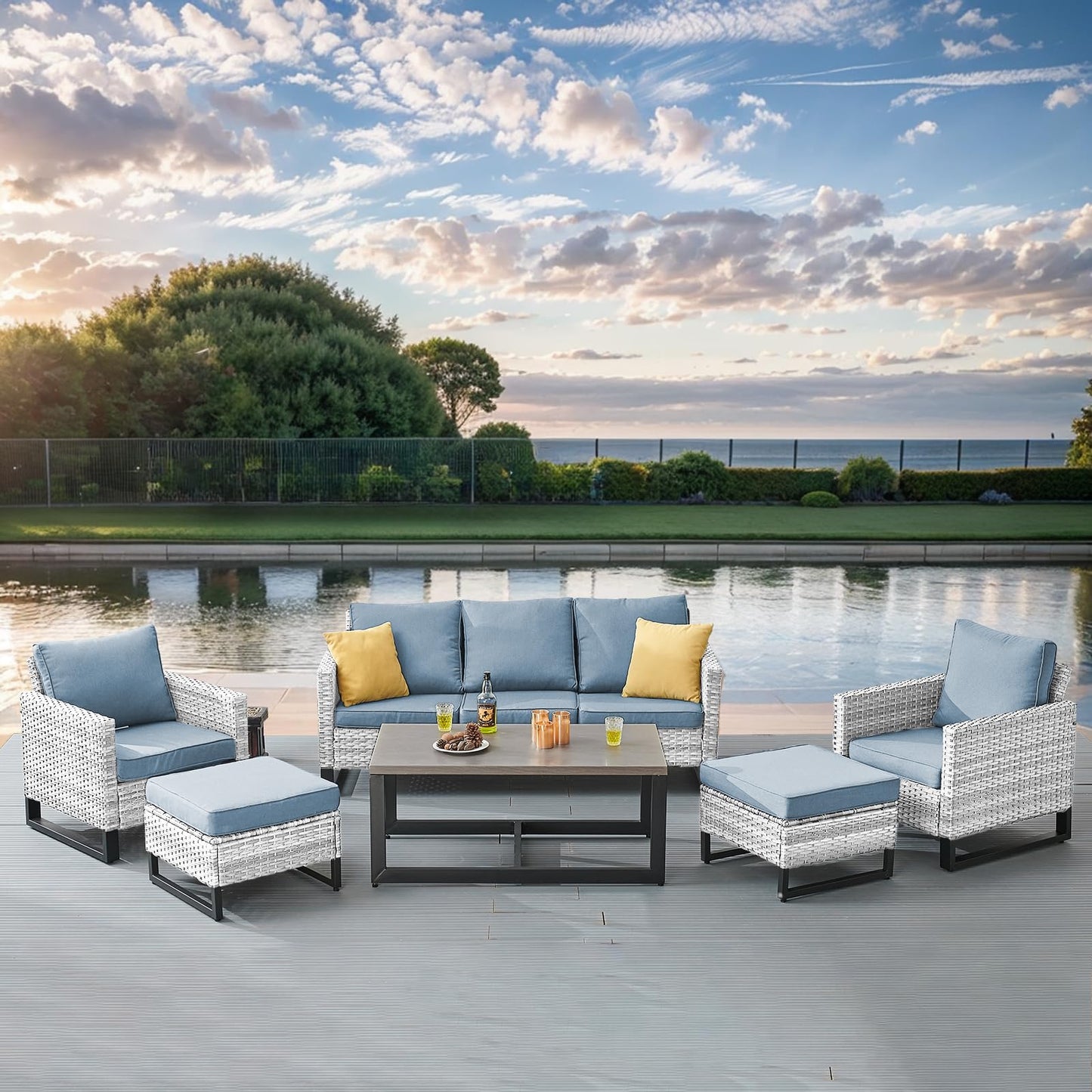 Patio Conversation Set 6-Piece with Sofa, Patio Chairs, Coffee Table, and Ottoman, GRS Series