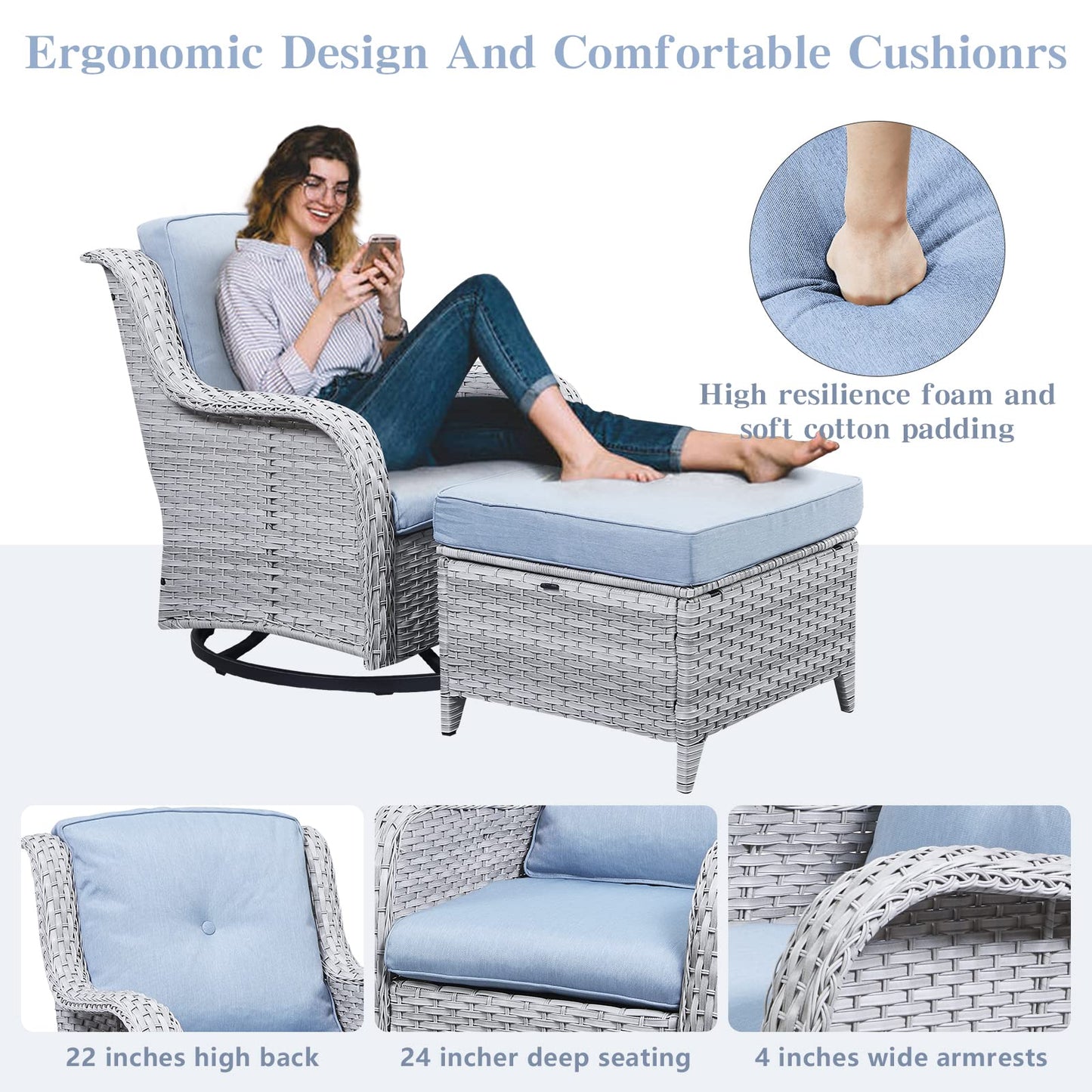 Patio Conversation Set 6-Piece with Sofa, 2-Swivel Glider Chairs, Coffee Table, and 2-Ottoman, NTC Series - B2B Wholesale
