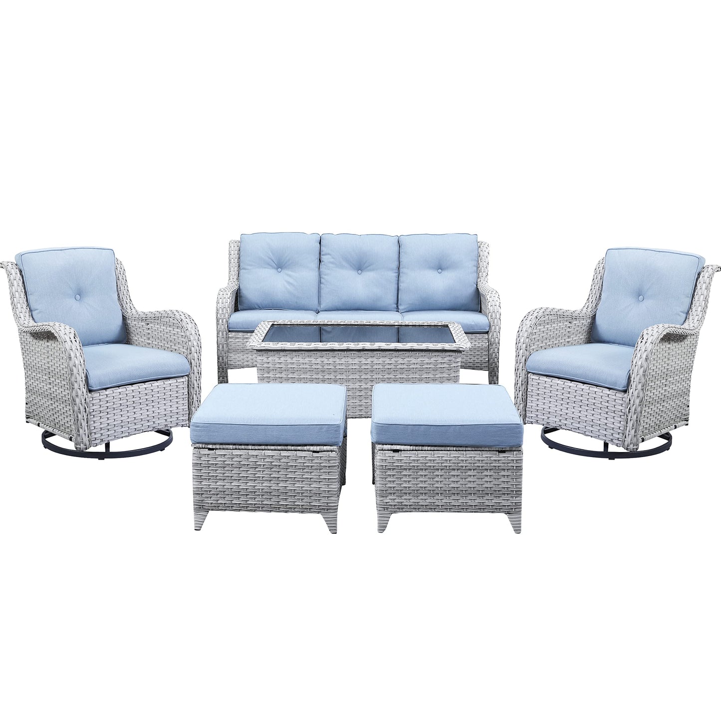 Patio Conversation Set 6-Piece with Sofa, 2-Swivel Glider Chairs, Coffee Table, and 2-Ottoman, NTC Series - B2B Wholesale