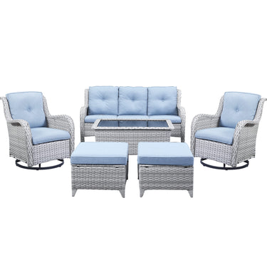 Patio Conversation Set 6-Piece with Sofa, Swivel Glider Chairs, Coffee Table, and Ottoman, NTC Series - Belord