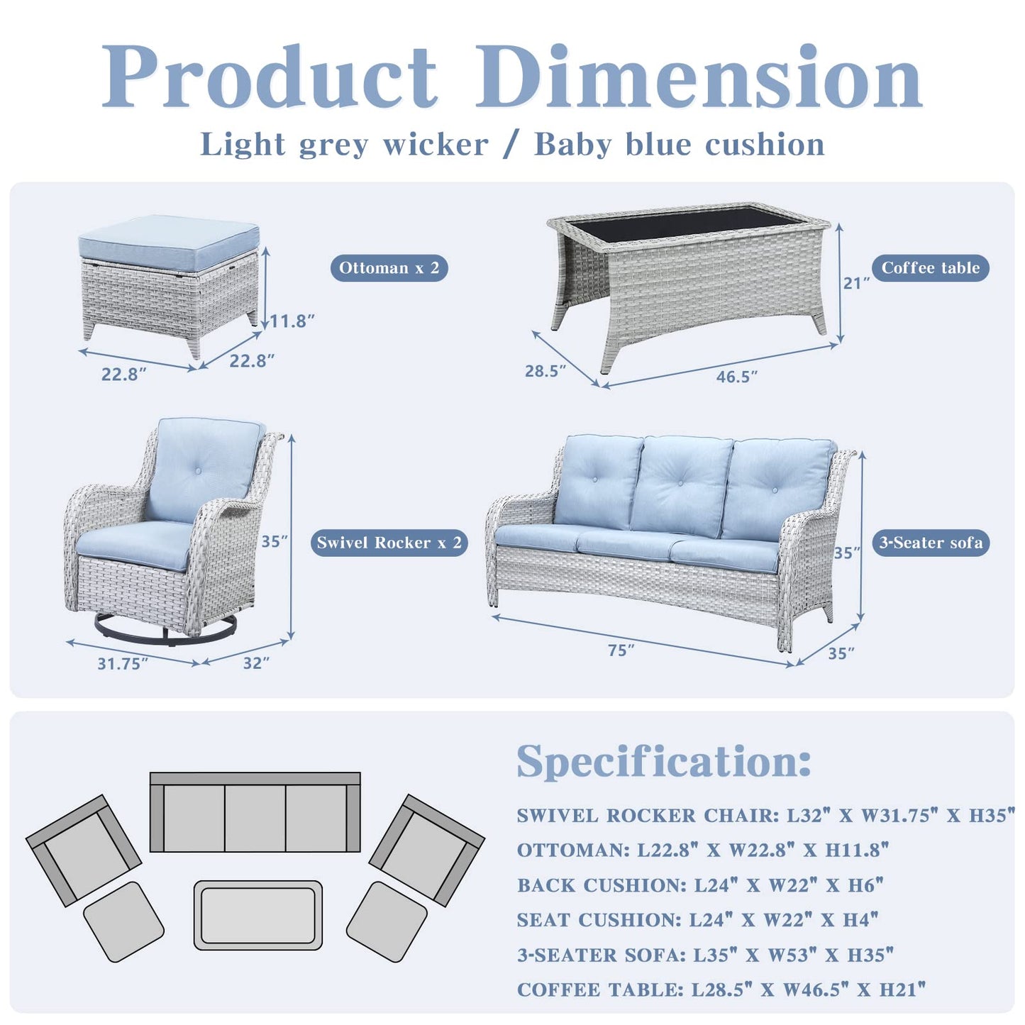 Patio Conversation Set 6-Piece with Sofa, 2-Swivel Glider Chairs, Coffee Table, and 2-Ottoman, NTC Series - B2B Wholesale
