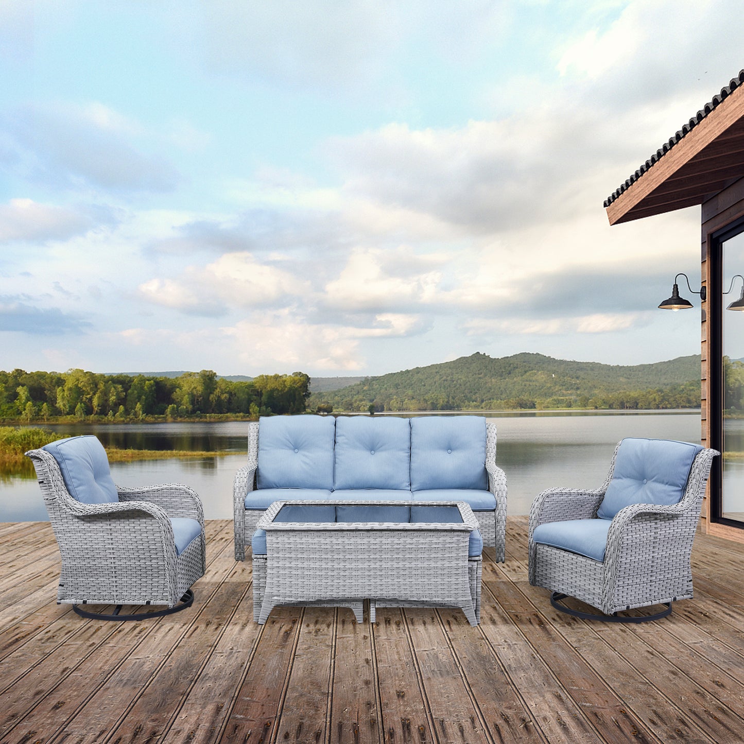 Patio Conversation Set 6-Piece with Sofa, 2-Swivel Glider Chairs, Coffee Table, and 2-Ottoman, NTC Series - B2B Wholesale
