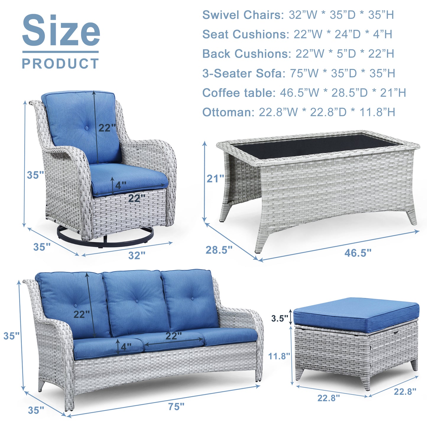 Patio Conversation Set 6-Piece with Sofa, 2-Swivel Glider Chairs, Coffee Table, and 2-Ottoman, NTC Series - B2B Wholesale