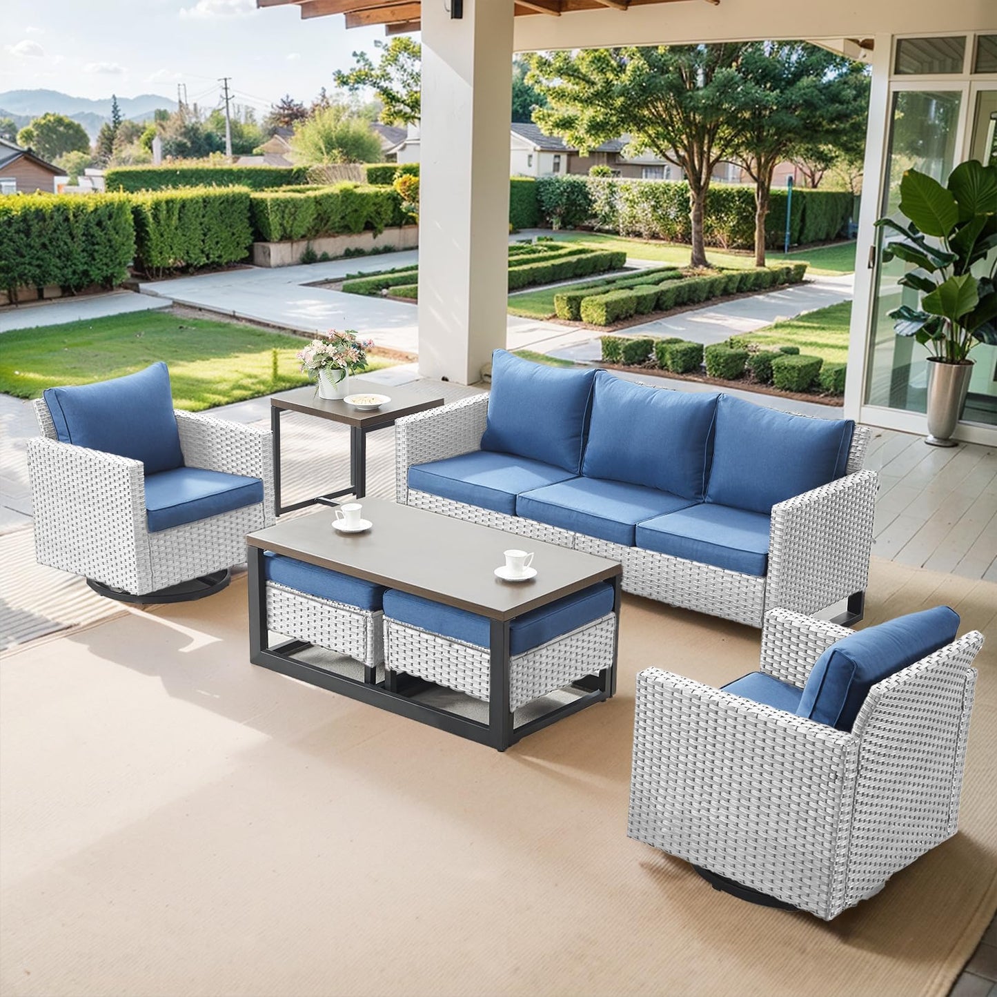 Patio Conversation Set 7-Piece with Sofa, Swivel Glider Chairs, Coffee Table, Side Table, and Ottoman, GRS Series