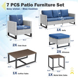 Patio Conversation Set 7-Piece with Sofa, Patio Chairs, Coffee Table, Side Table, and Ottoman, GRS Series - Belord