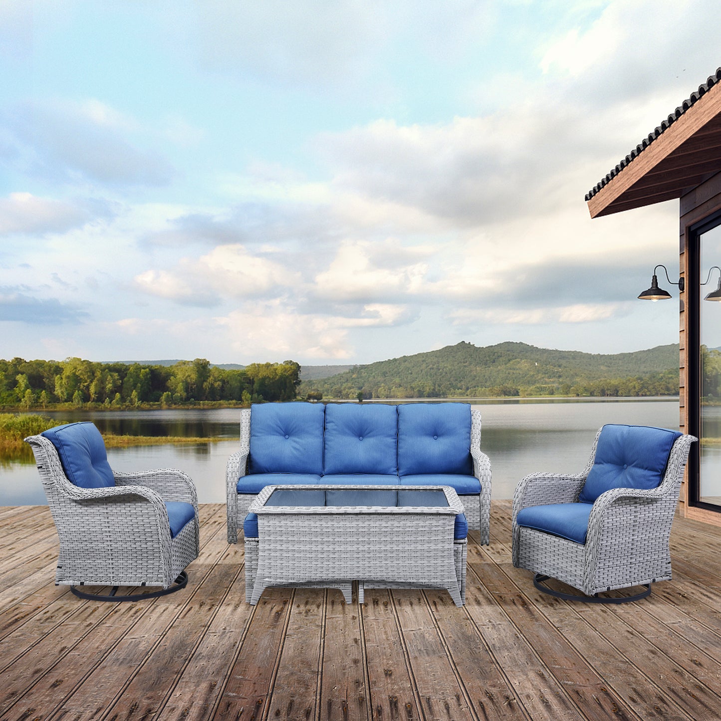 Patio Conversation Set 6-Piece with Sofa, 2-Swivel Glider Chairs, Coffee Table, and 2-Ottoman, NTC Series - B2B Wholesale
