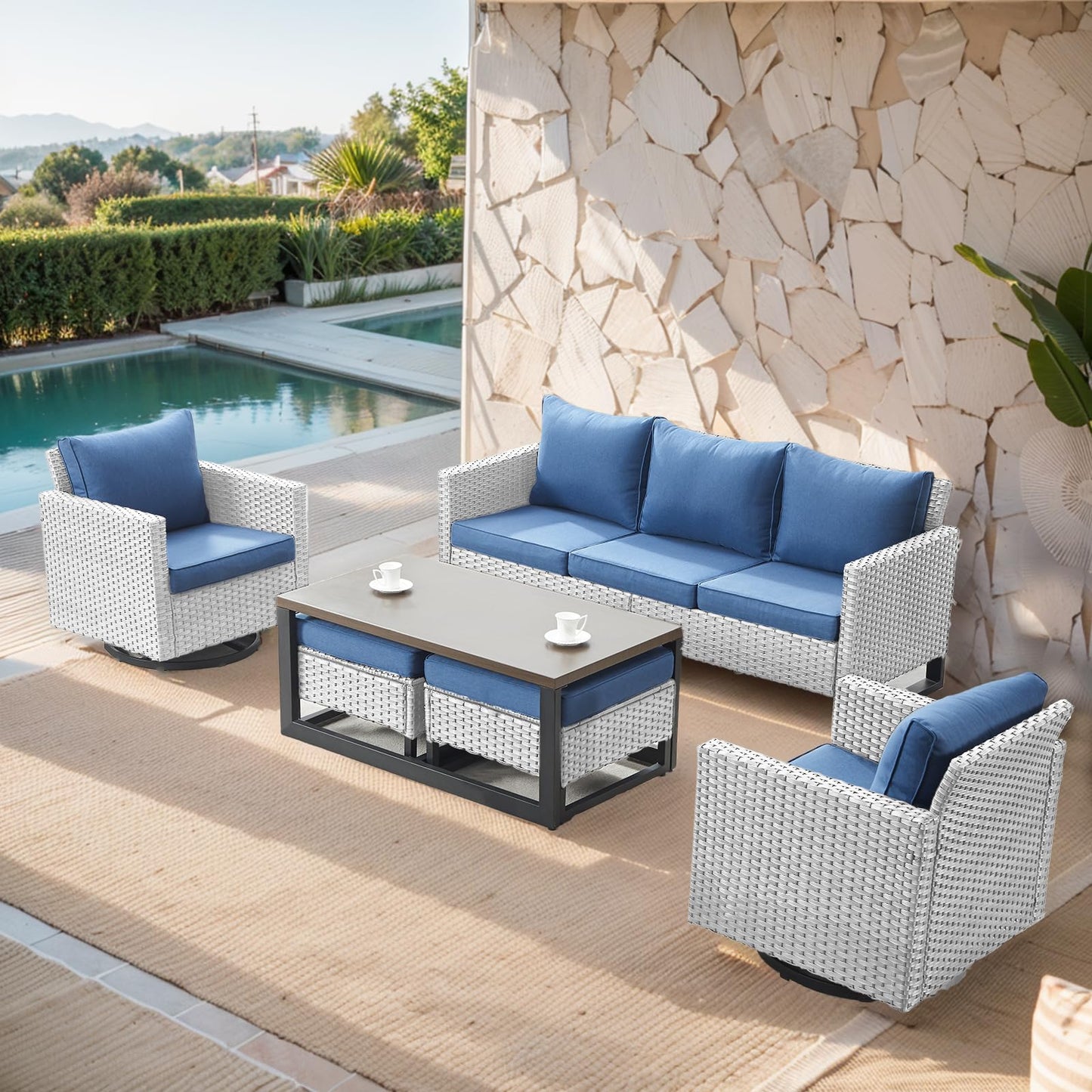 Patio Conversation Set 6-Piece with Sofa, Swivel Glider Chairs, Coffee Table, and Ottoman, GRS Series