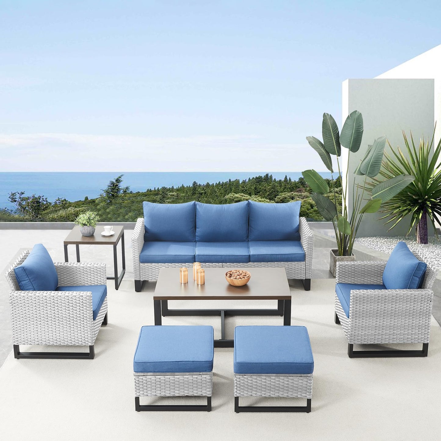 Patio Conversation Set 7-Piece with Sofa, Patio Chairs, Coffee Table, Side Table, and Ottoman, GRS Series