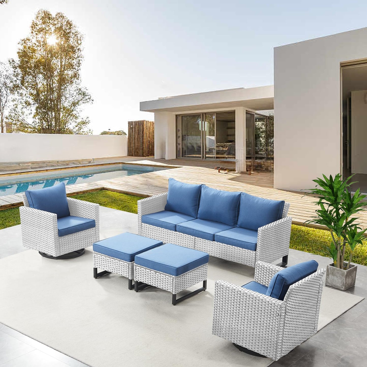 Patio Conversation Set 5-Piece with Sofa, Swivel Glider Chairs, and Ottoman, GRS Series