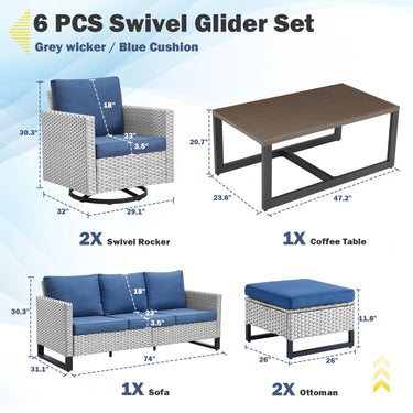 Patio Conversation Set 6-Piece with Sofa, Swivel Glider Chairs, Coffee Table, and Ottoman, GRS Series - Belord