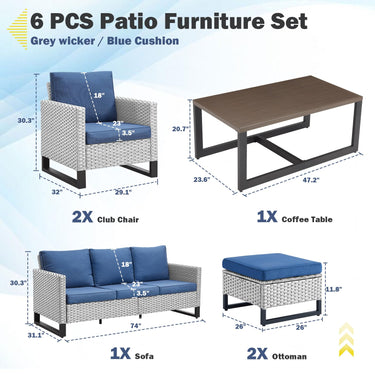Patio Conversation Set 6-Piece with Sofa, Patio Chairs, Coffee Table, and Ottoman, GRS Series - Belord