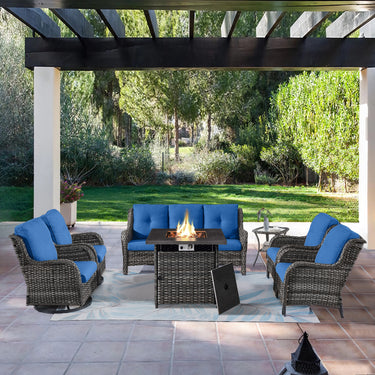 Patio Conversation Set 7-Piece with Fire Pit Table, Swivel Glider Chairs, Patio Chairs, Sofa and Side Table, NTC Series - Belord
